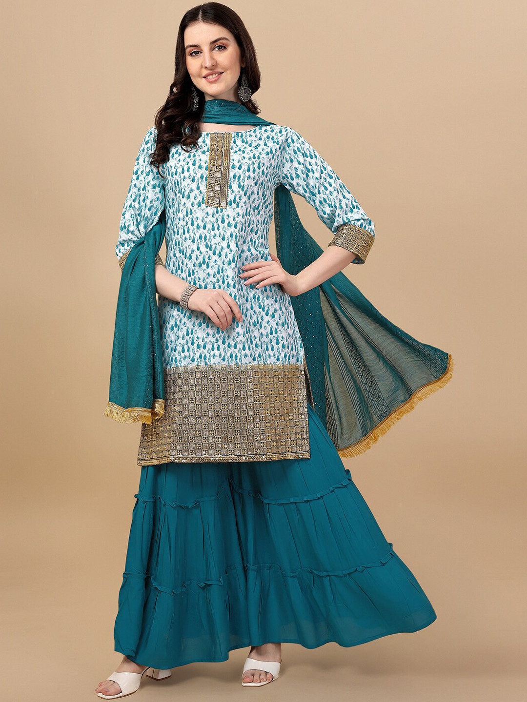 

JATRIQQ Ethnic Motifs Embroidered Sequinned Kurta with Sharara & With Dupatta, Teal