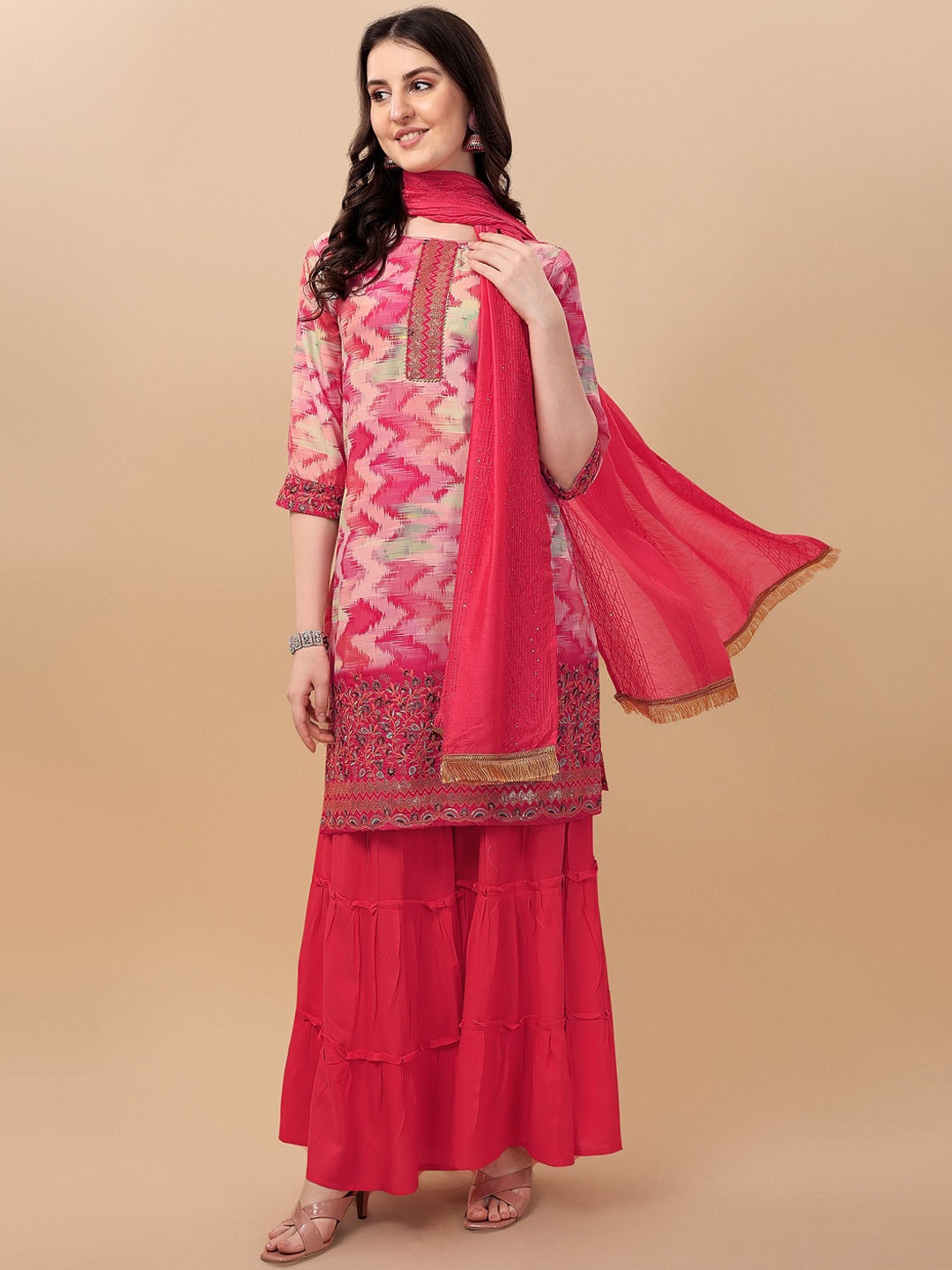 

JATRIQQ Printed Thread Work Kurta with Sharara & With Dupatta, Pink