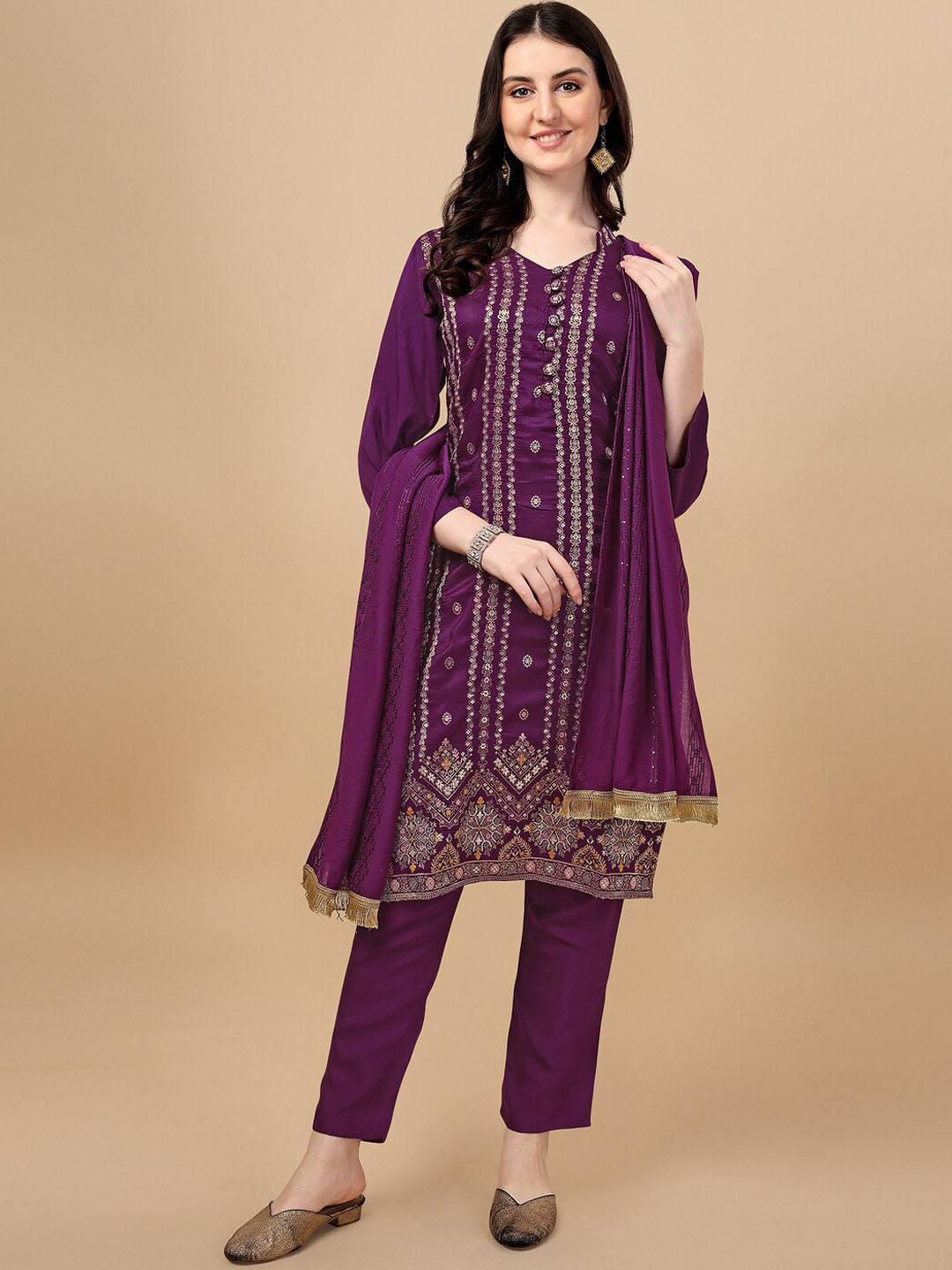

JATRIQQ Ethnic Motifs Pure Silk Kurta with Trousers & With Dupatta, Purple