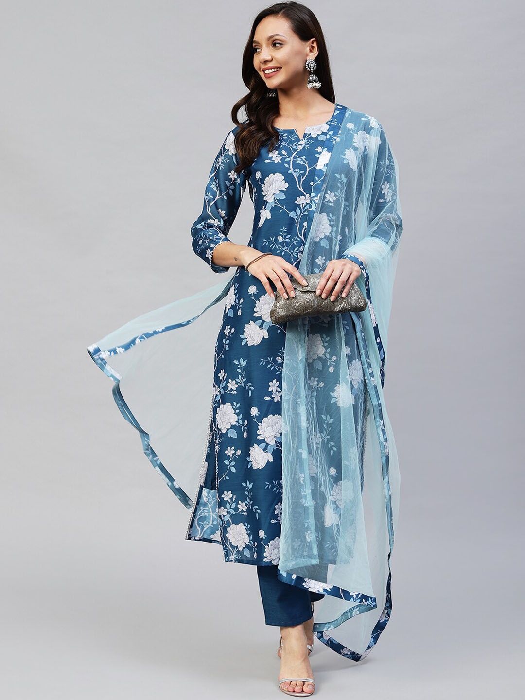 

KALINI Women Floral Printed Kurta with Trousers & With Dupatta, Navy blue
