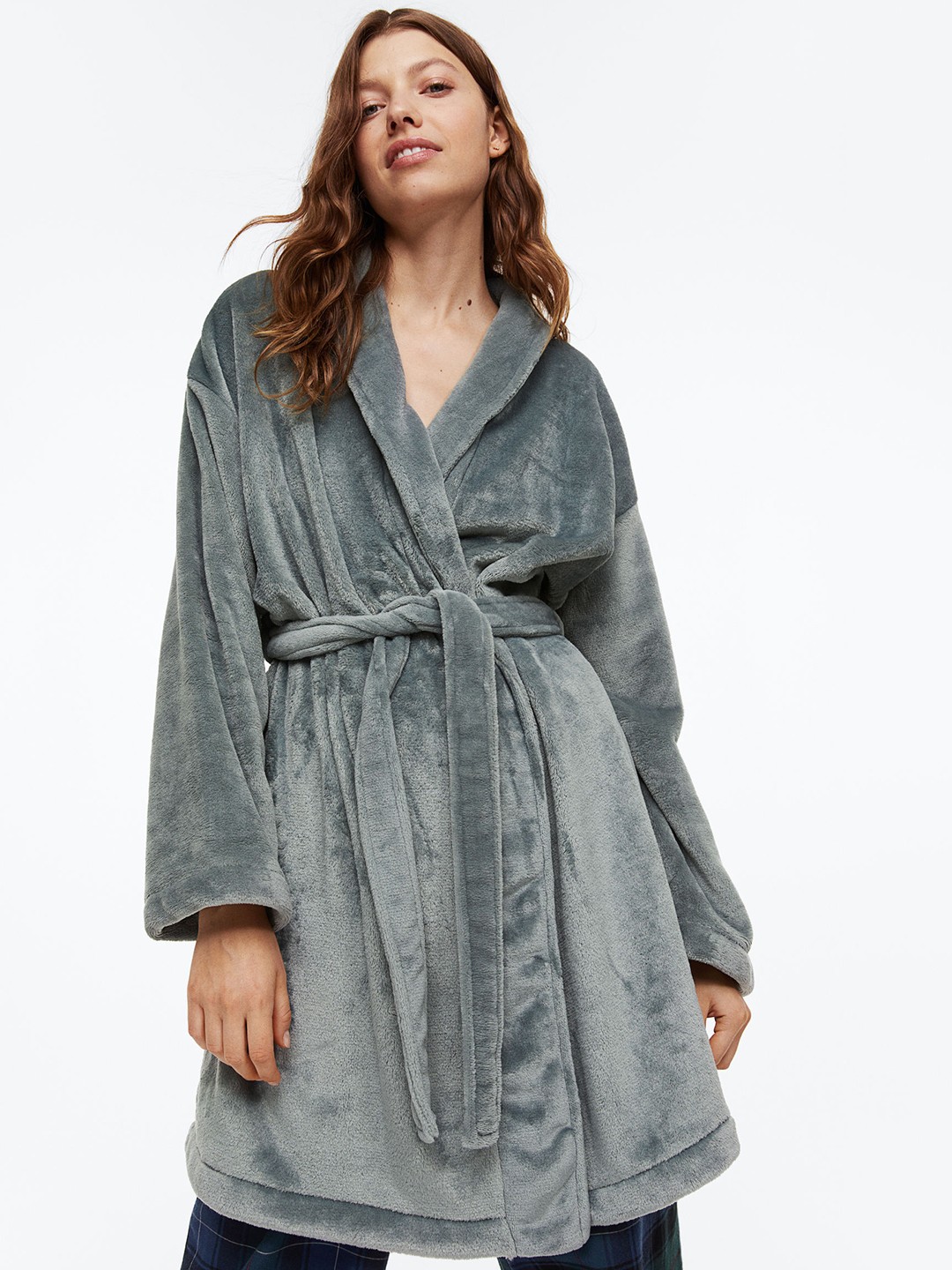 

H&M Women Fleece Mini Robe, Sea green