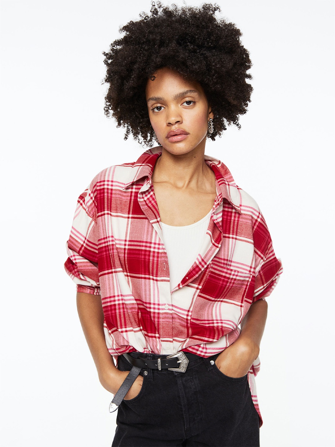 

H&M Women Oversized Flannel Shirt, Red
