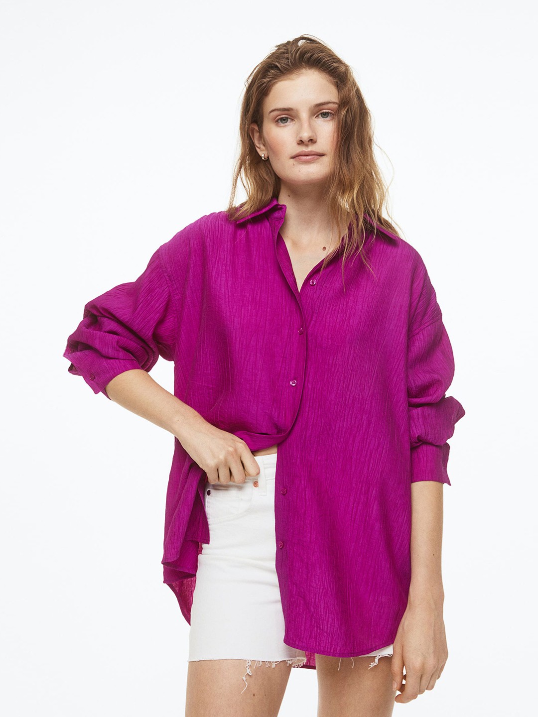 

H&M Women Crinkled Shirt, Magenta