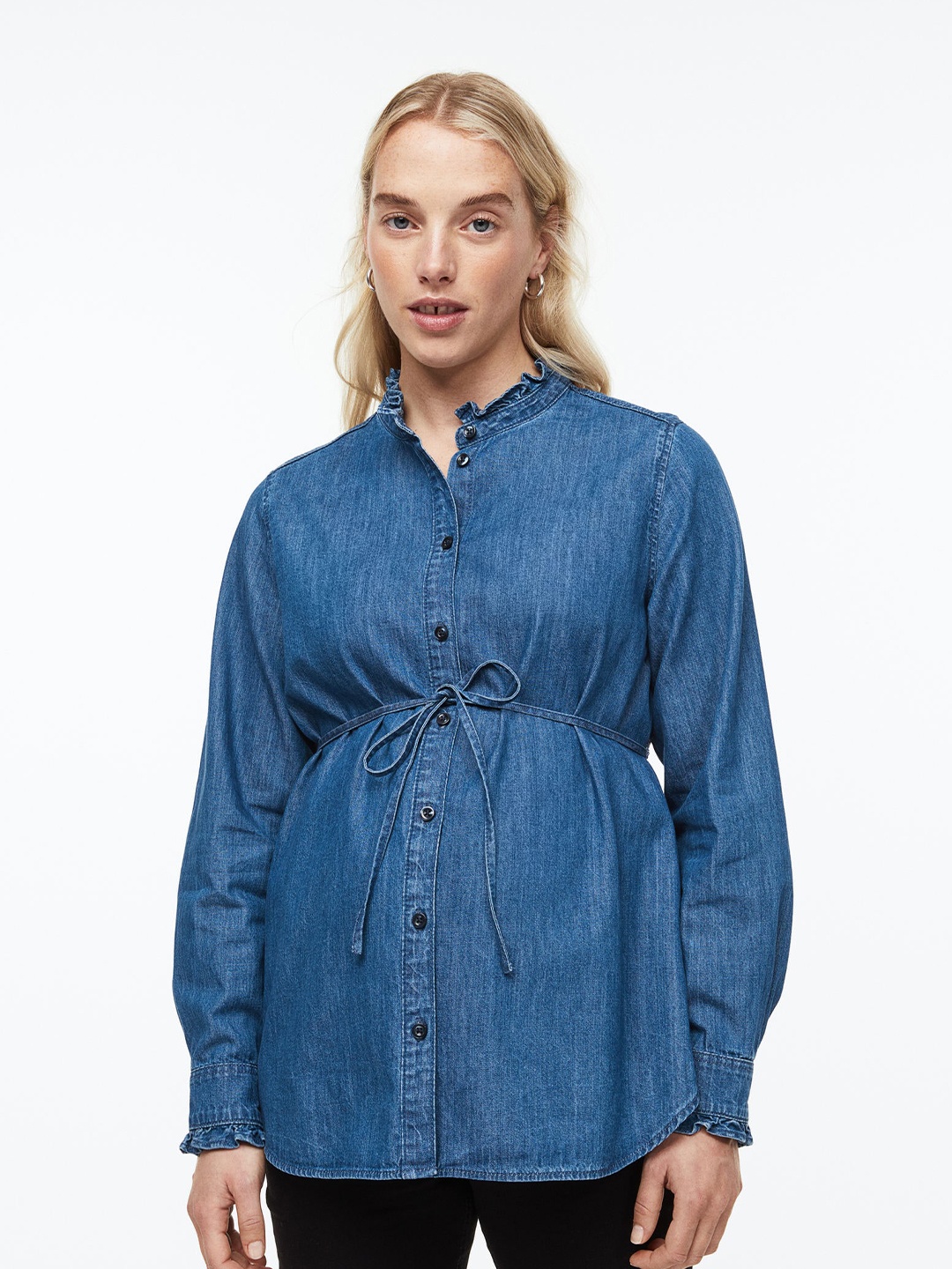 

H&M Women MAMA Frill-Trimmed Denim Shirt, Blue