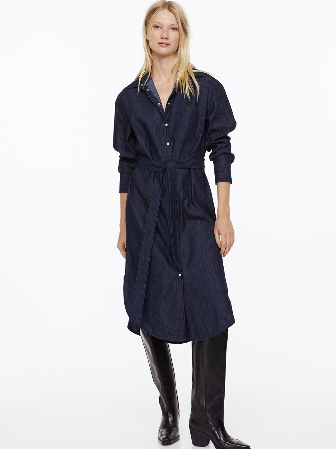 

H&M Tie-Belt Denim Shirt Dress, Blue