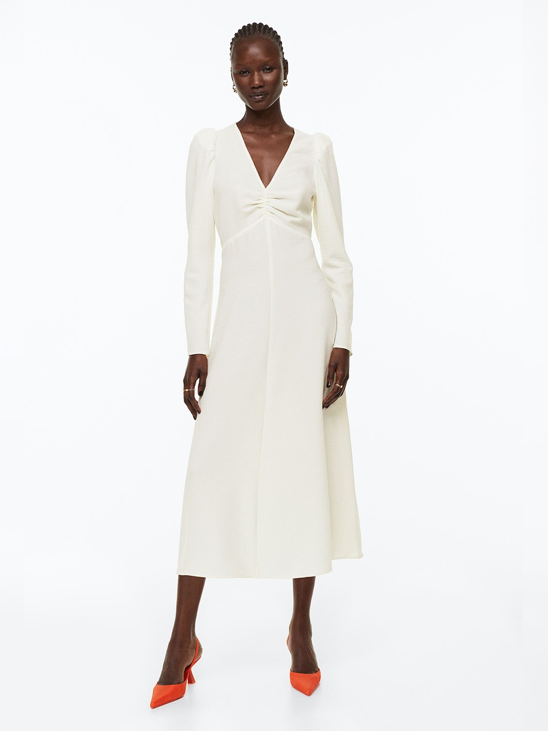 

H&M Puff-Sleeved Crepe Dress, White