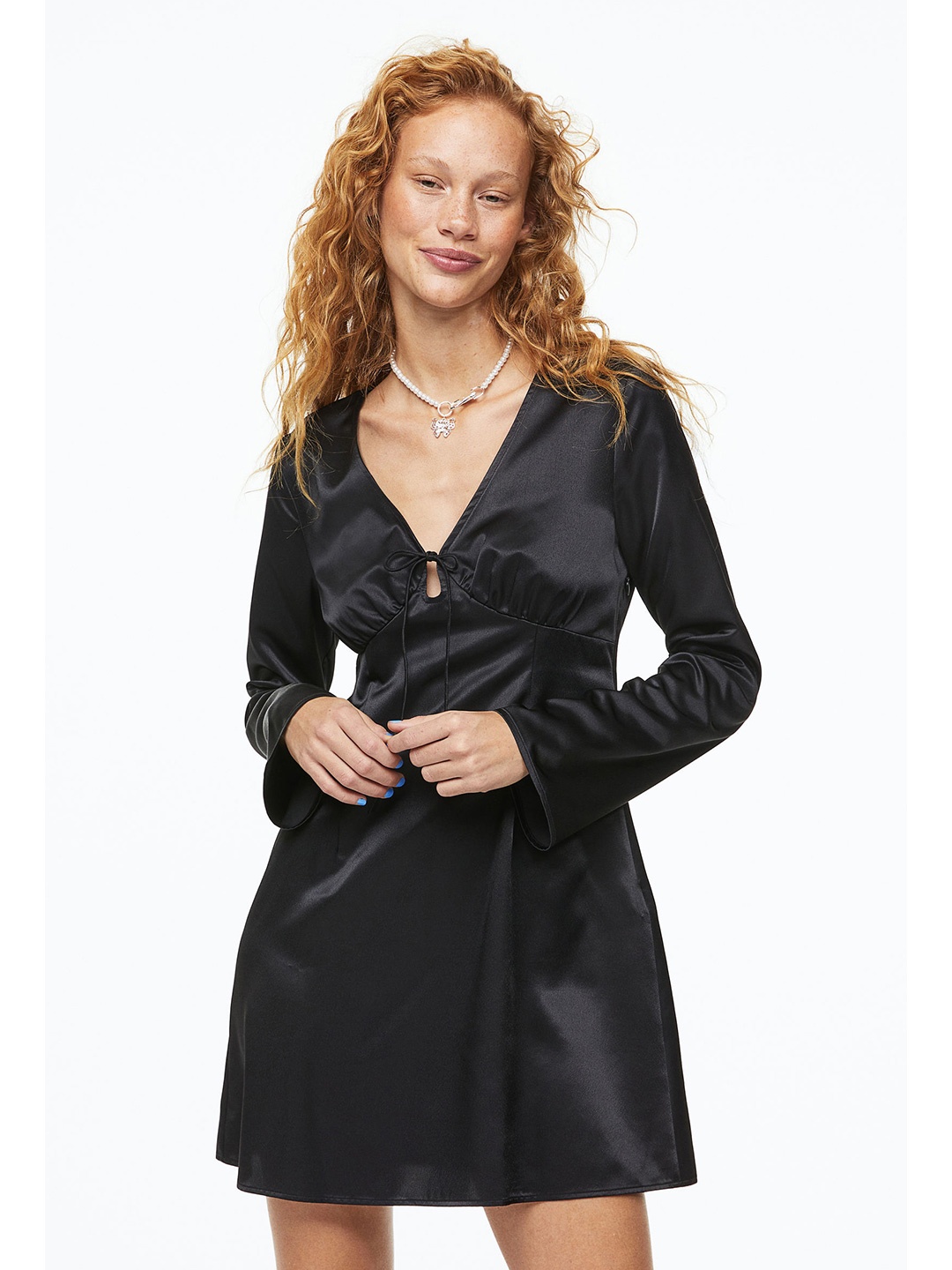 

H&M Patterned Tie-Detail Dress, Black