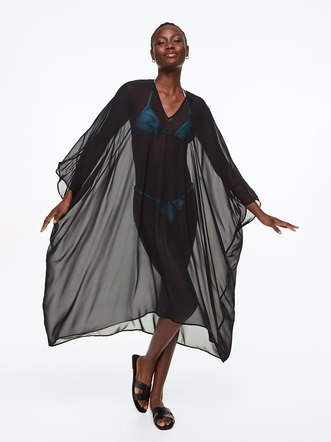 

H&M Women Sheer Chiffon Kaftan Style Beach Cover Up Dress, Black