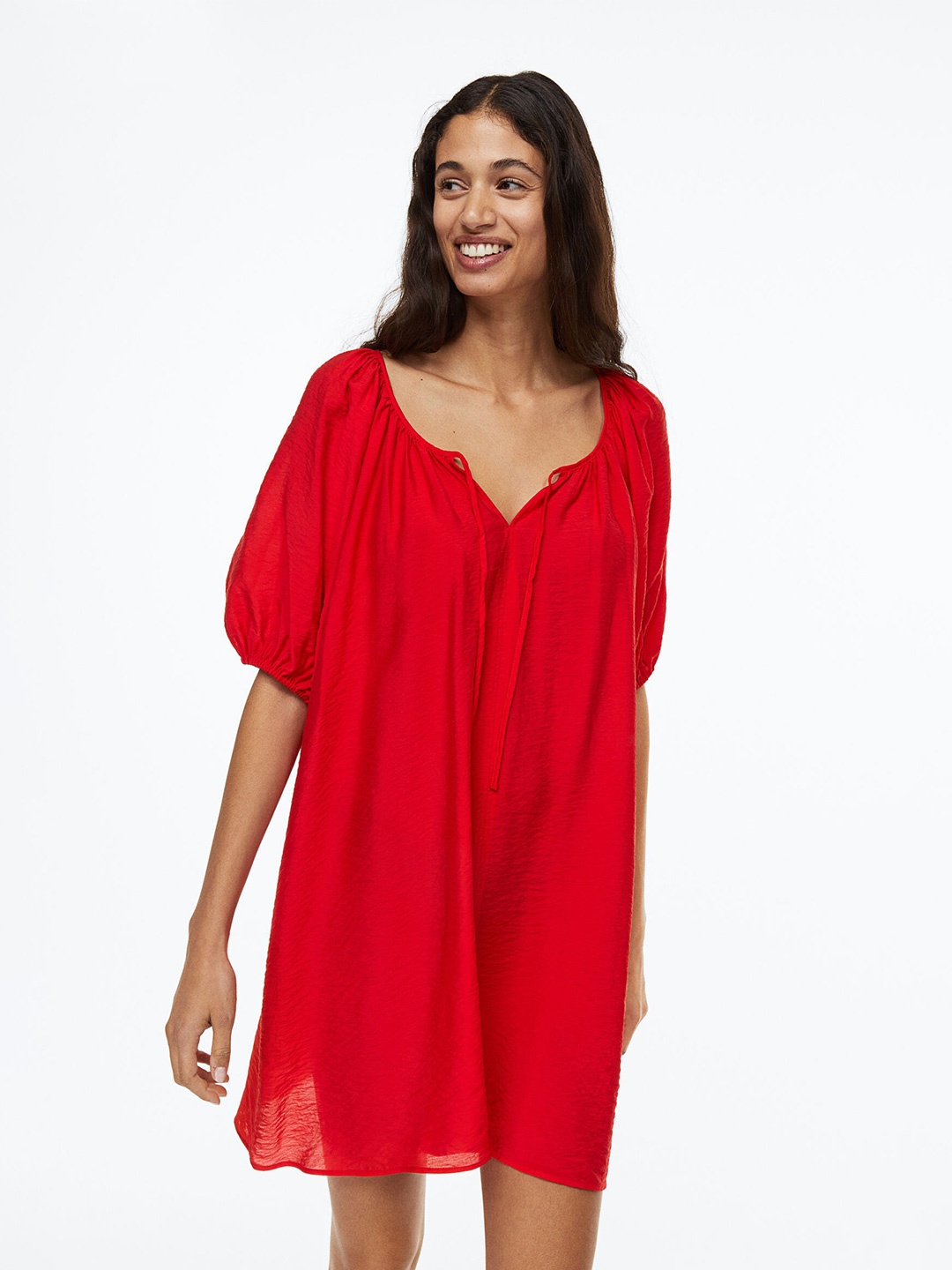 

H&M Voluminous Balloon-Sleeved Dress, Red