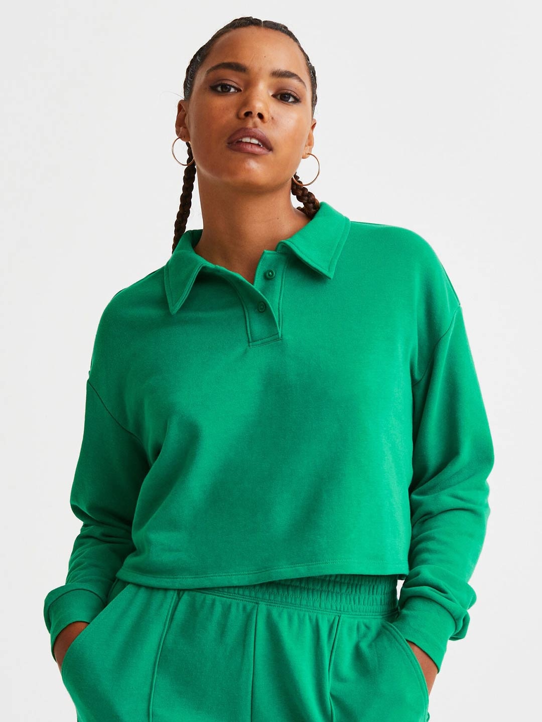 

H&M Women Cropped Rugby Shirt, Green