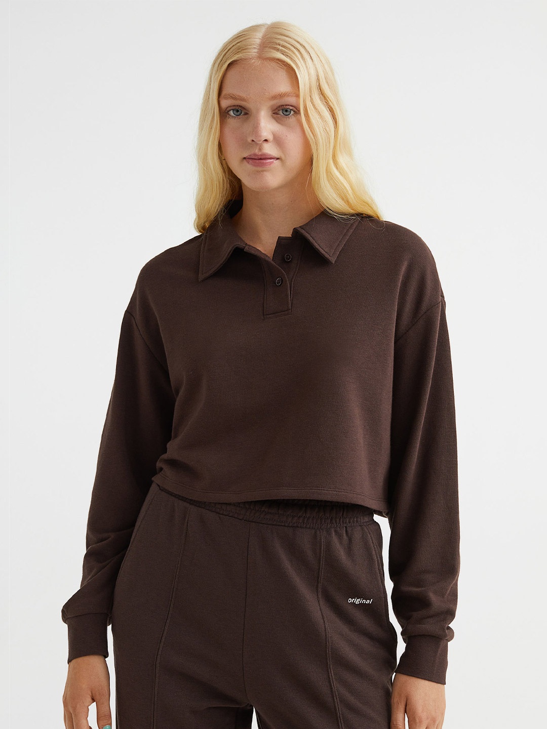 

H&M Women Cropped Rugby Shirt, Brown