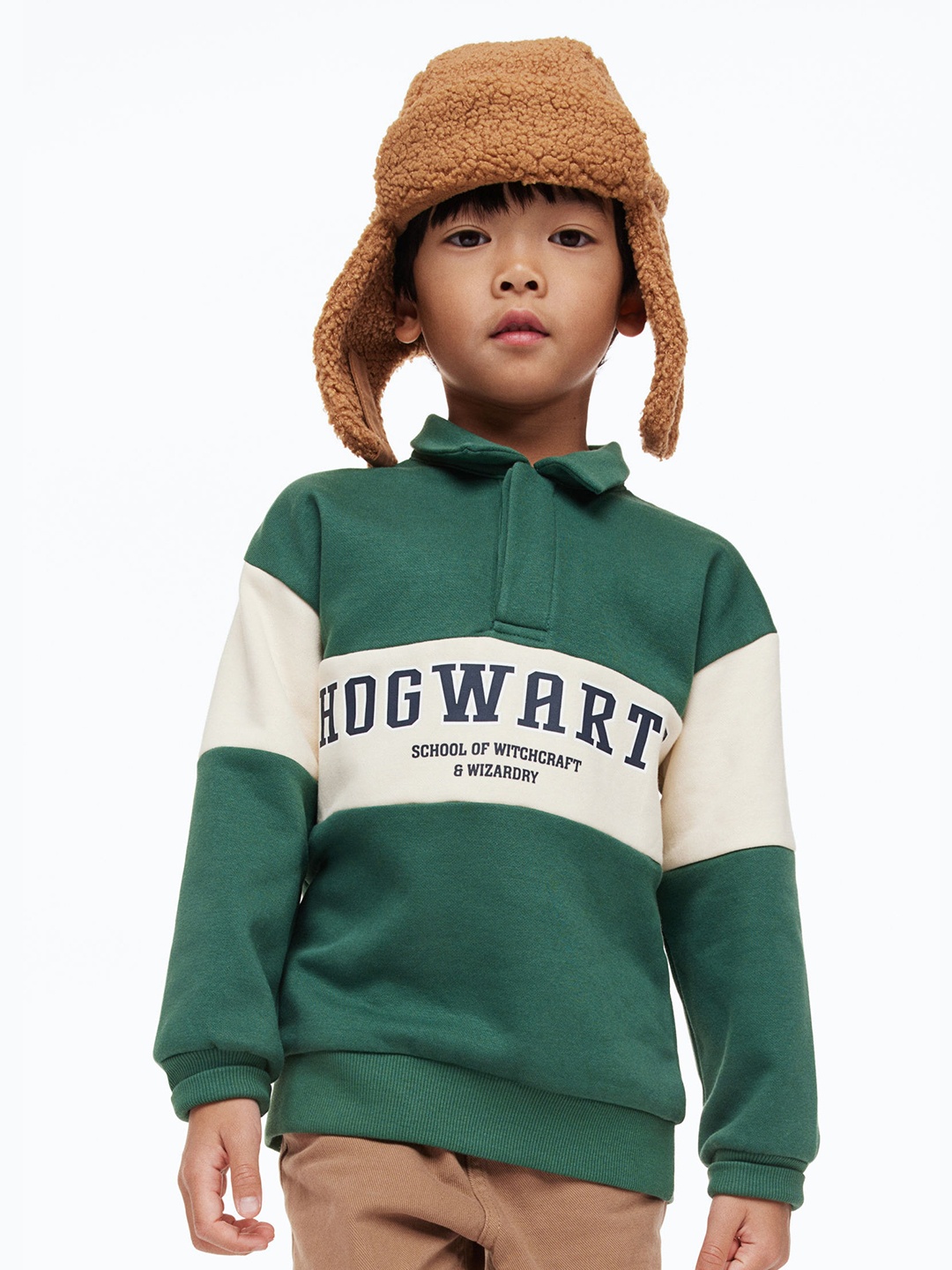 

H&M Boys Collared Sweatshirt With A Print Motif, Green