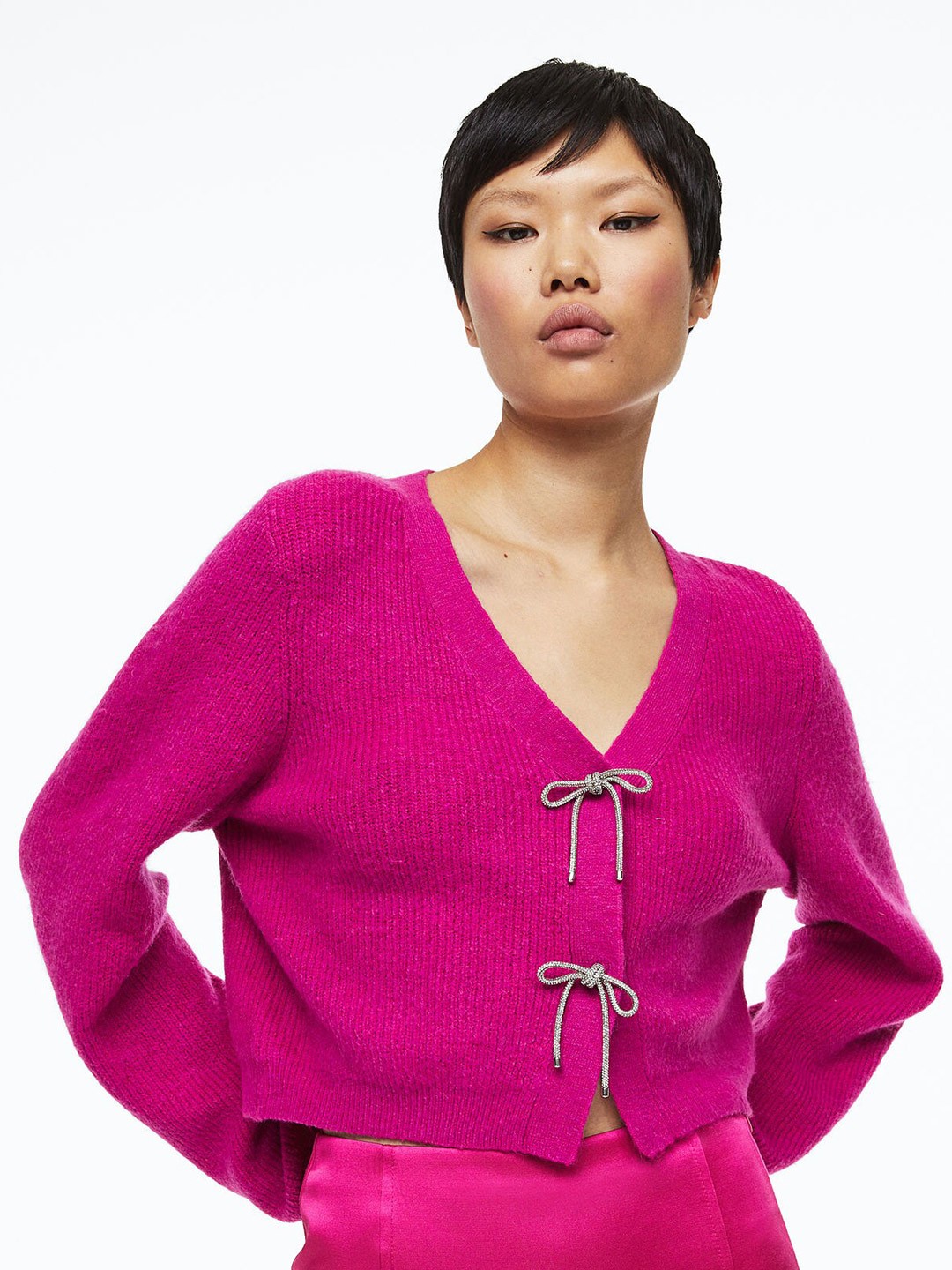 

H&M Women Rhinestone-Bow Rib-Knit Cardigan, Pink