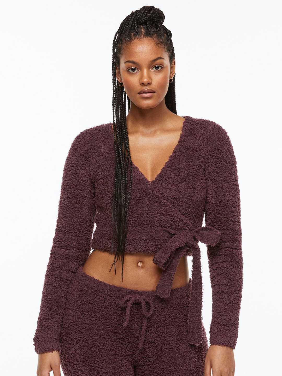 

H&M Women Cropped Teddy Wrapover Cardigan, Red