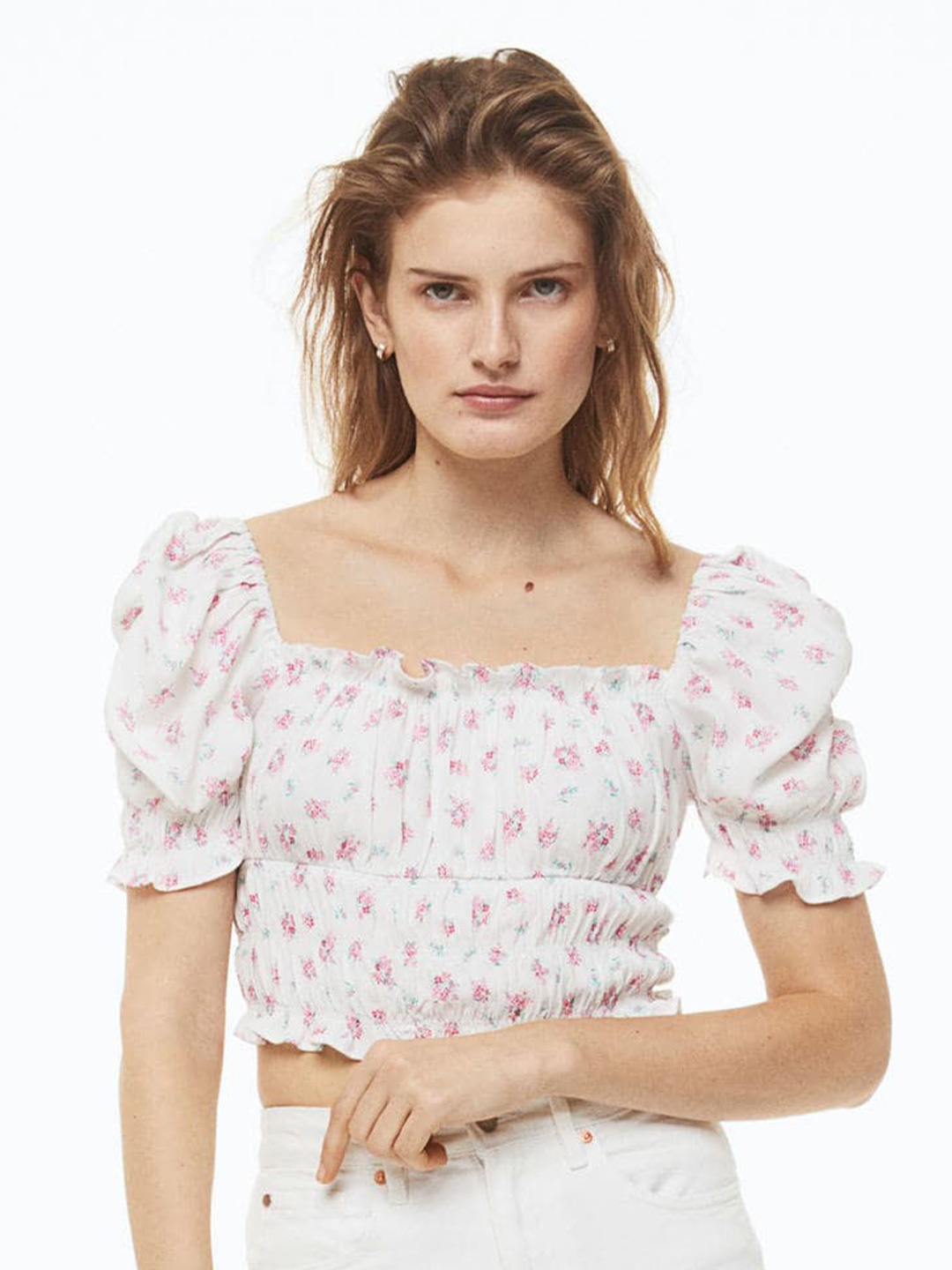 

H&M Puff-Sleeved Cropped Blouse, White