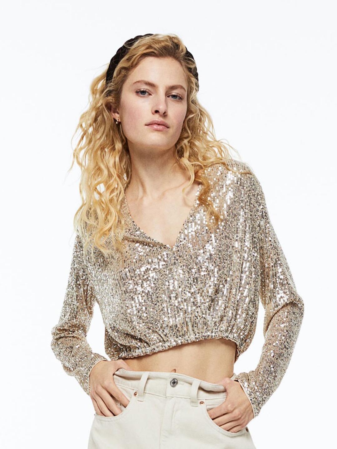 

H&M Sequined Wrapover Blouse, Silver