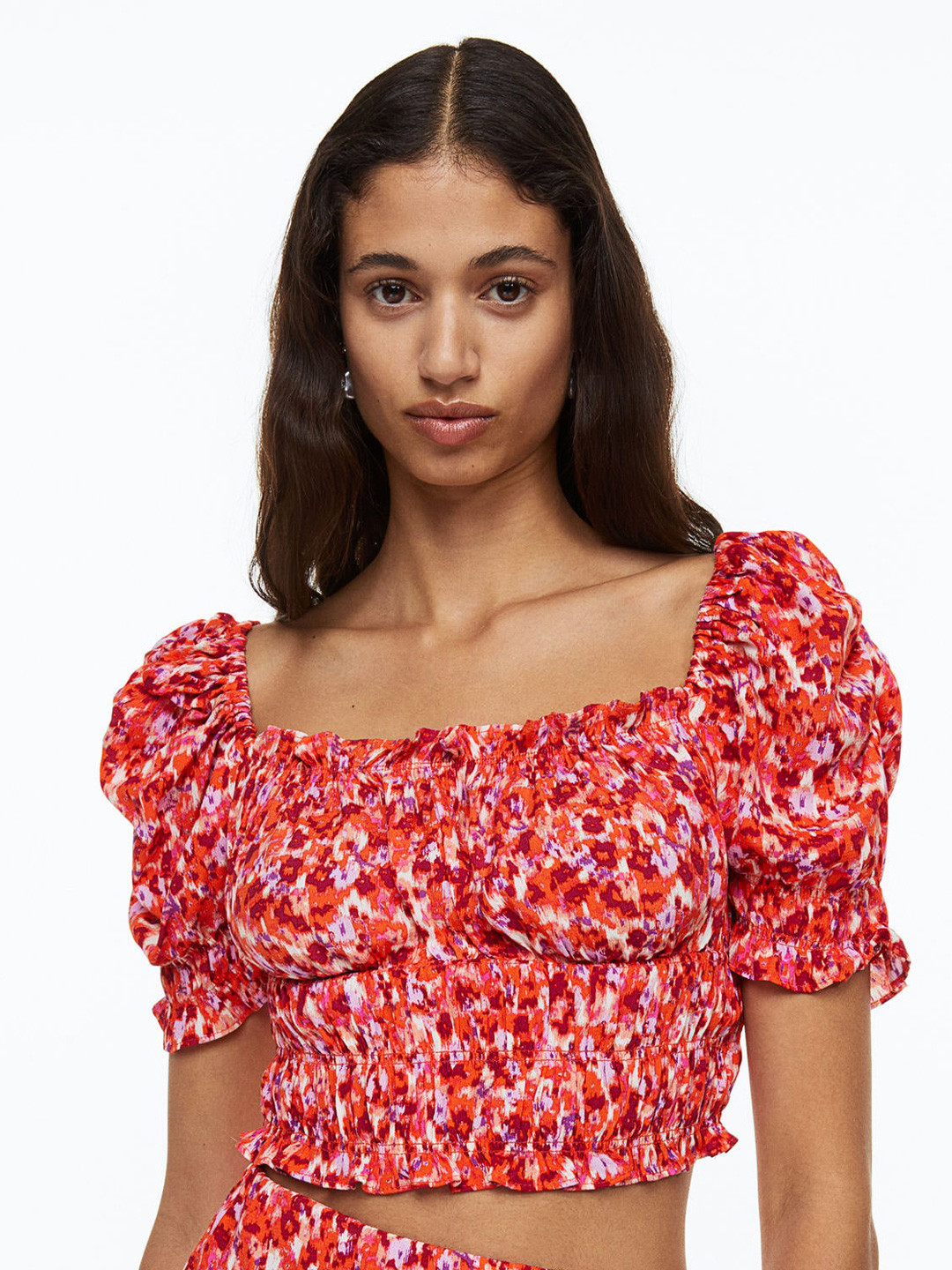 

H&M Puff-sleeved Cropped Blouse, White