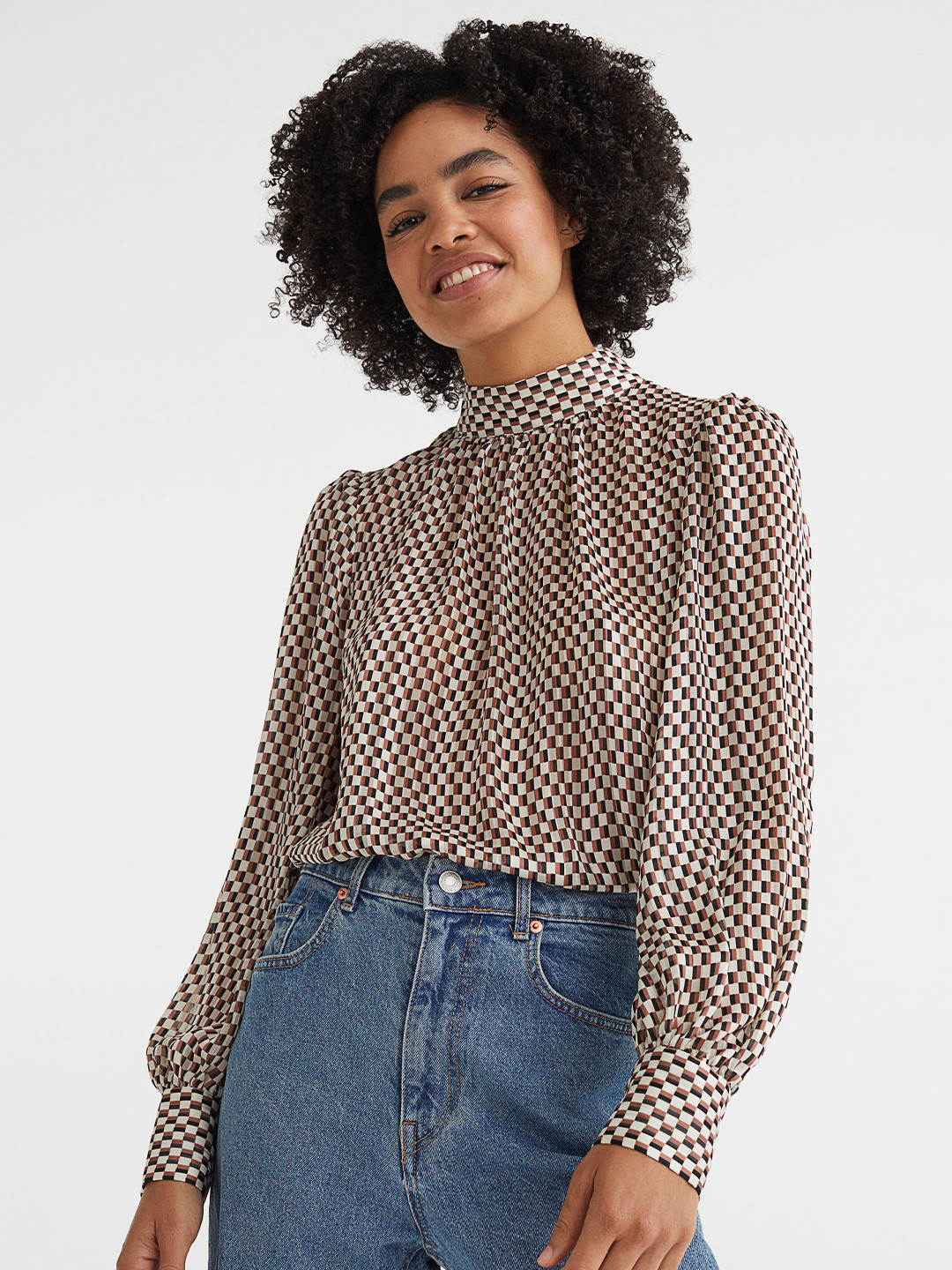 

H&M Stand-up Collar Satin Blouse, Multi