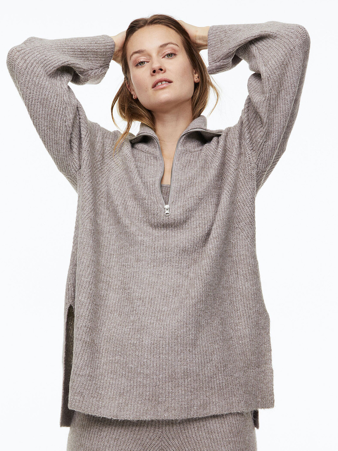 

H&M Women Zip-Top Rib-Knit Jumper, Beige