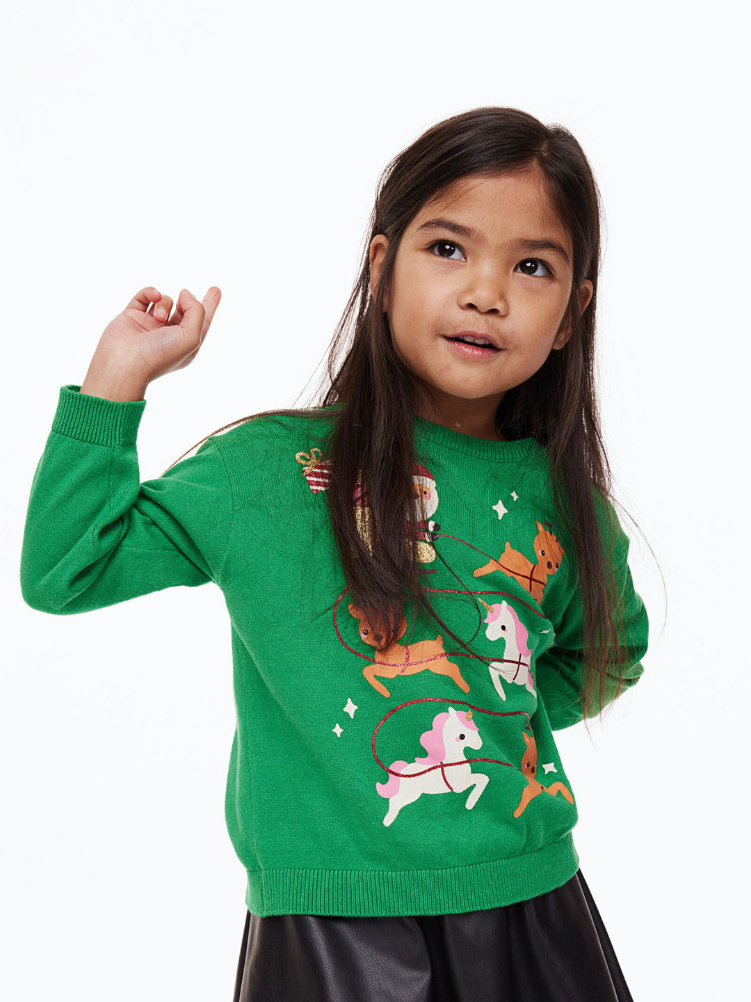 

H&M Girls Fine-Knit Cotton Jumper, Green