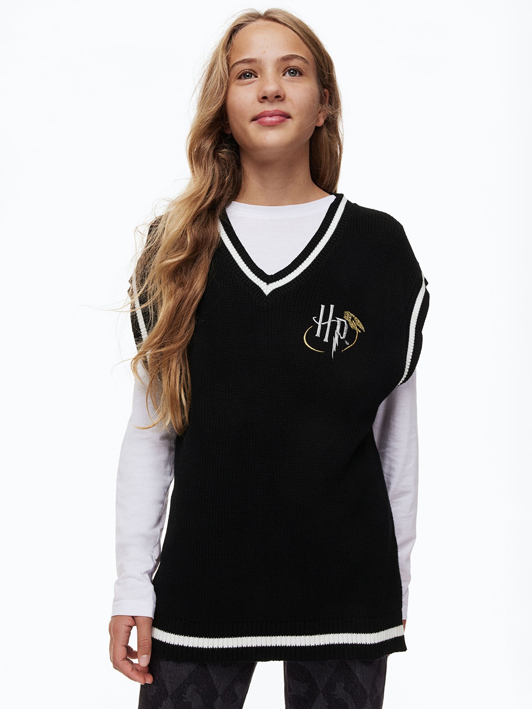 

H&M Girls Embroidered Pure Cotton Sweater Vest, Black