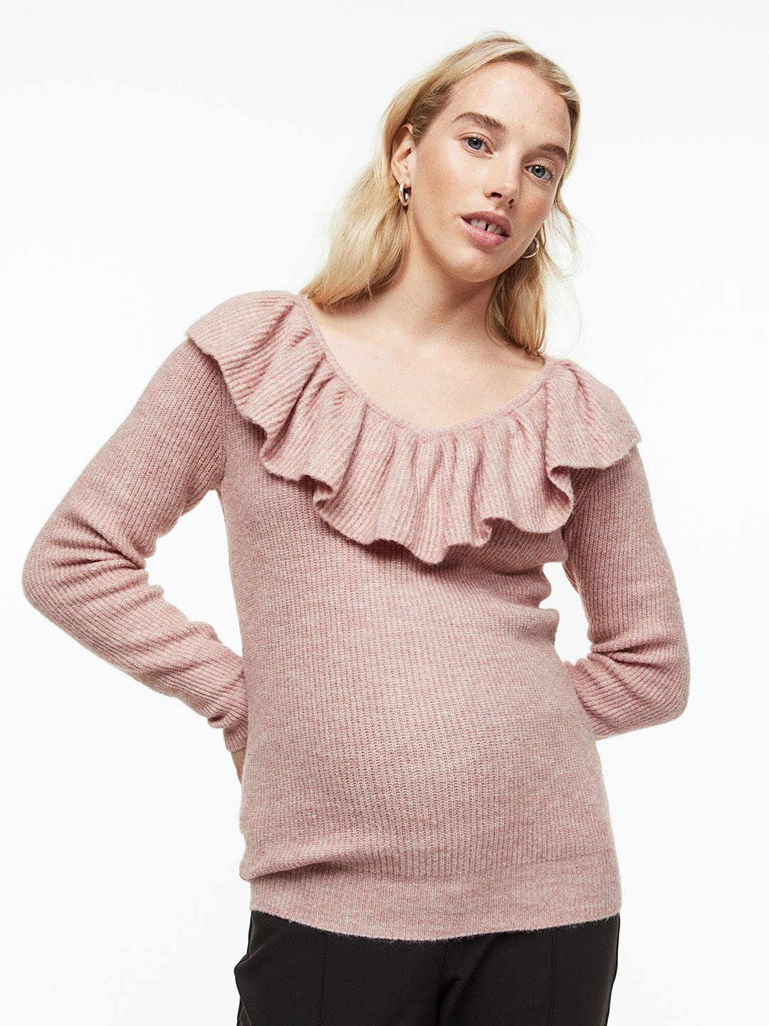 

H&M MAMA Women Frill-Trimmed Jumper, Pink