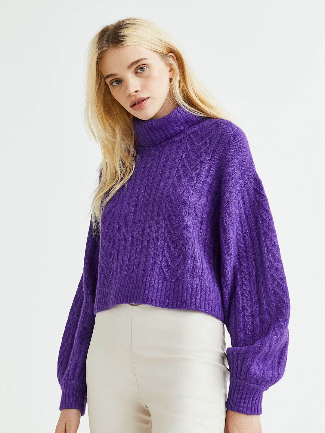 

H&M Women Cable-Knit Polo-Neck Jumper, Purple