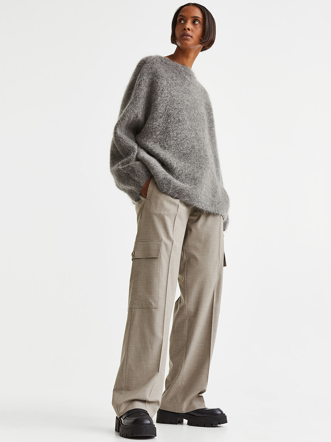 

H&M Women Straight Cargo Trousers, Beige