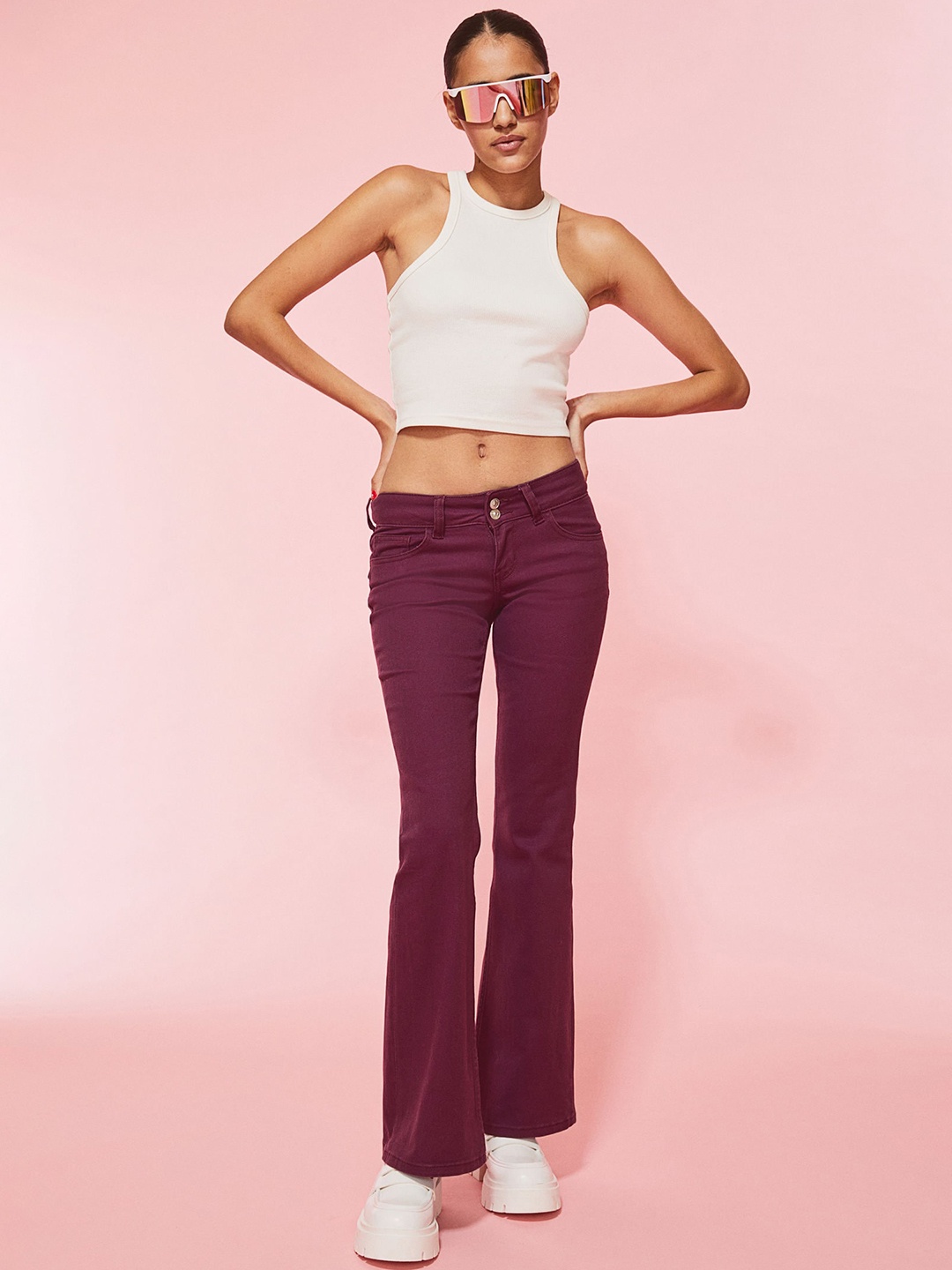 

H&M Women Flared Twill Trousers, Purple