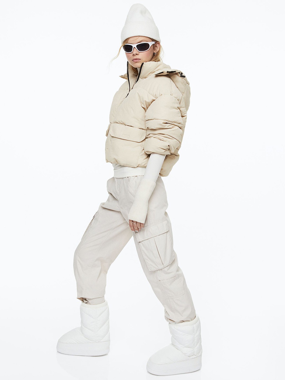 

H&M Women Hooded Puffer Jacket, Beige