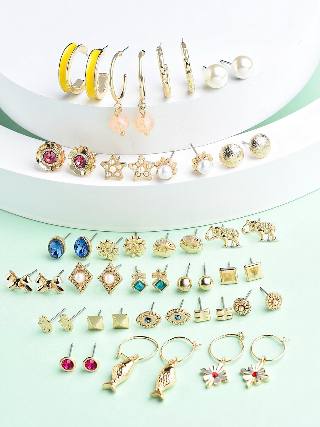 AMI Set of 25 Contemporary Studs & Hoop Earrings, Gold