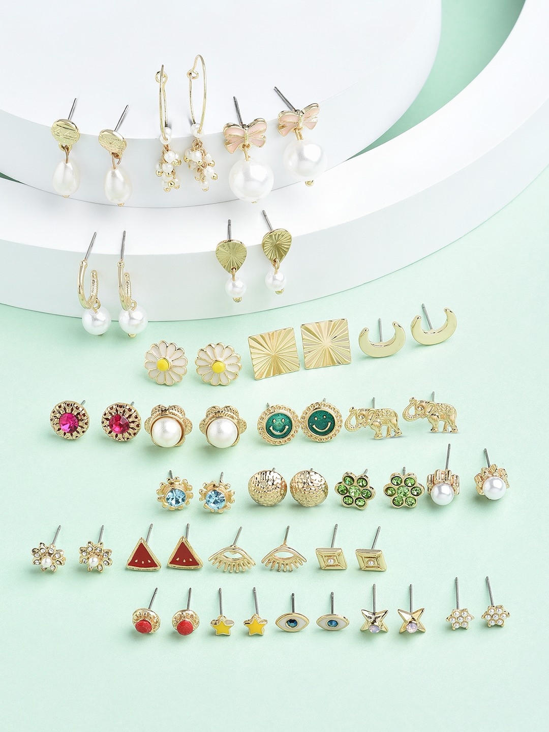 AMI Set of 25 Gold-Plated Contemporary Studs Earrings, Pink