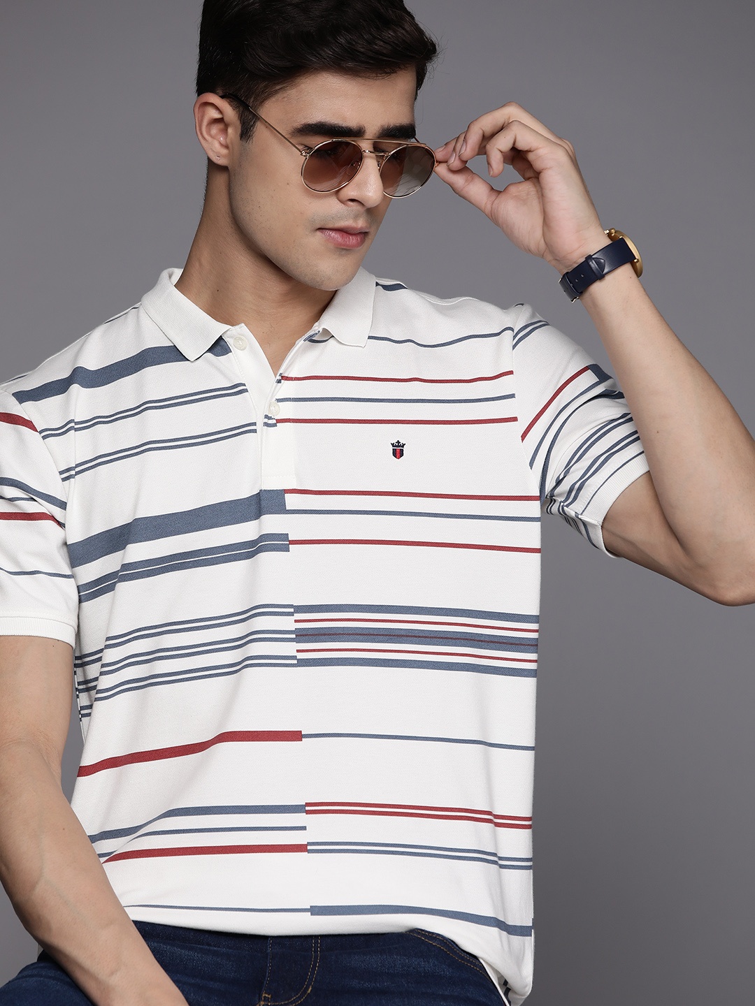 

Louis Philippe Sport Men Striped Polo Collar T-shirt, White