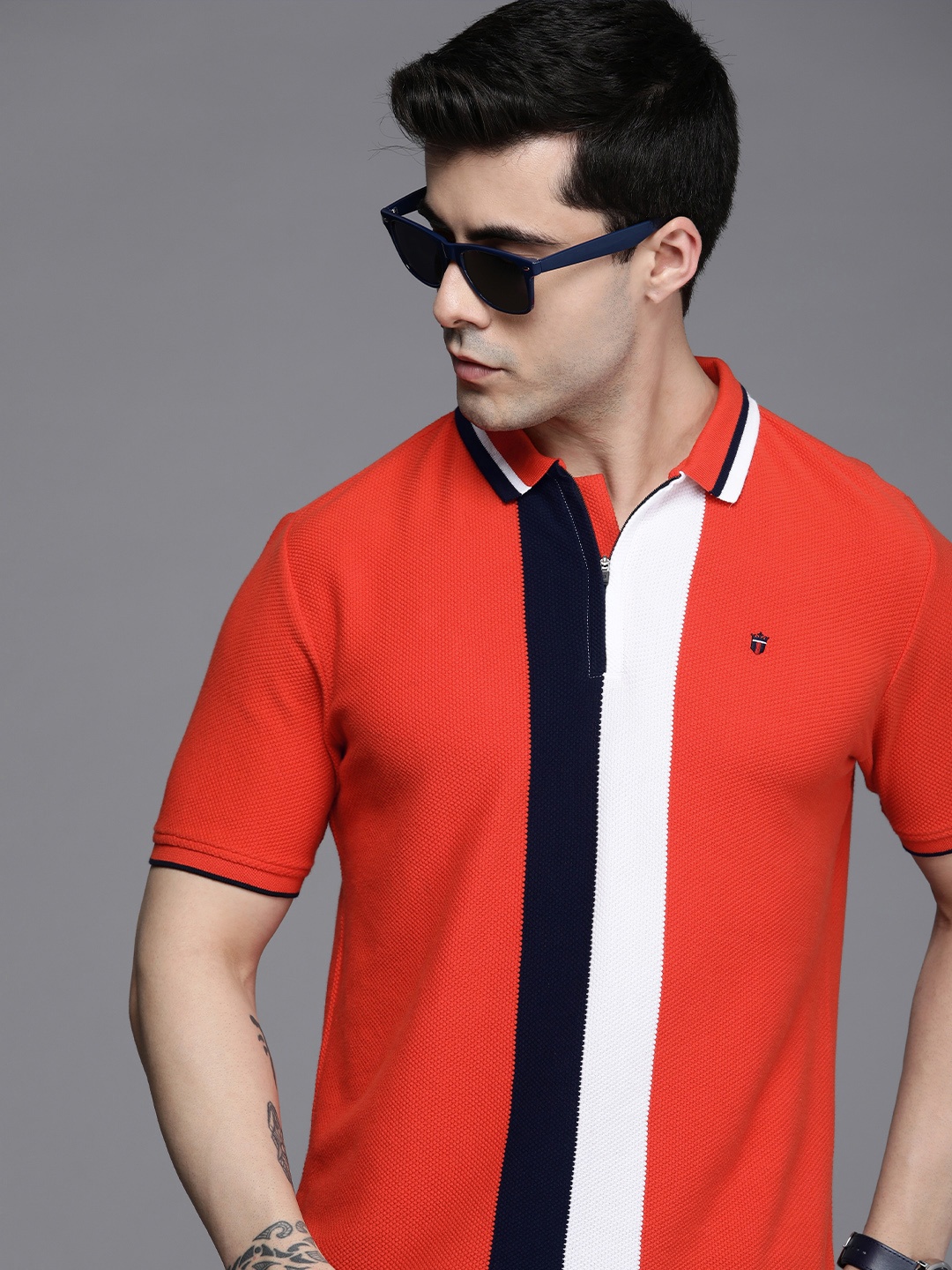 

Louis Philippe Sport Men Striped Polo Collar Pure Cotton Slim Fit T-shirt, Red