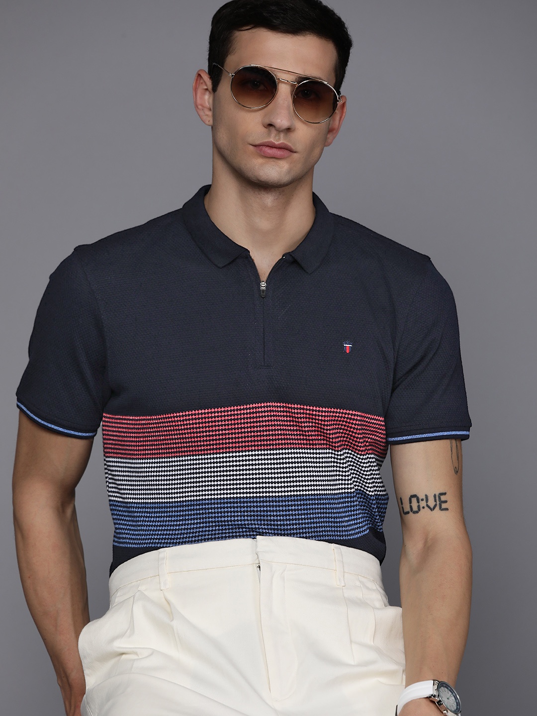 

Louis Philippe Sport Striped Spread Collar Slim Fit T-shirt, Navy blue