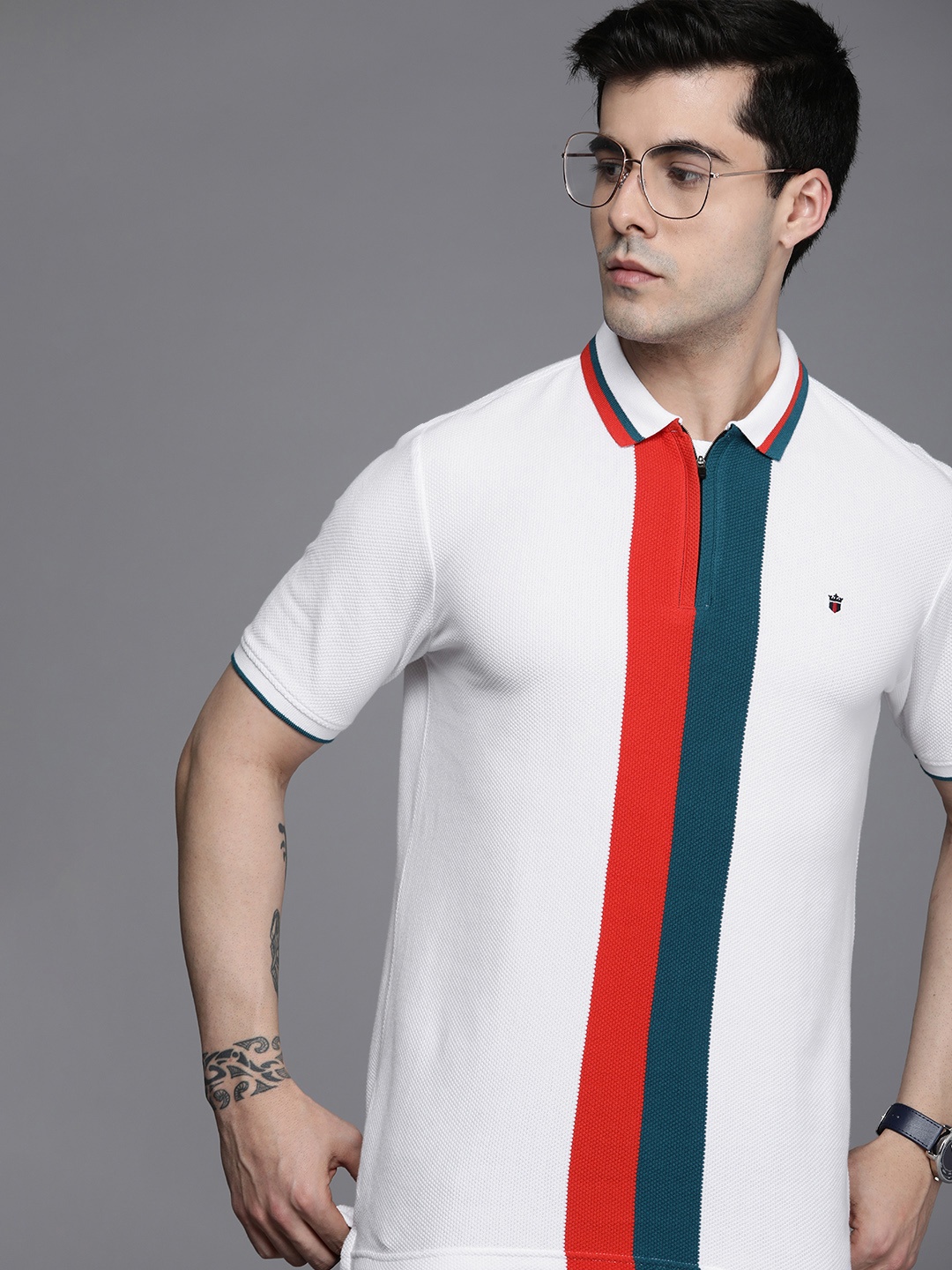 

Louis Philippe Sport Men Striped Polo Collar Pure Cotton Slim Fit T-shirt, White