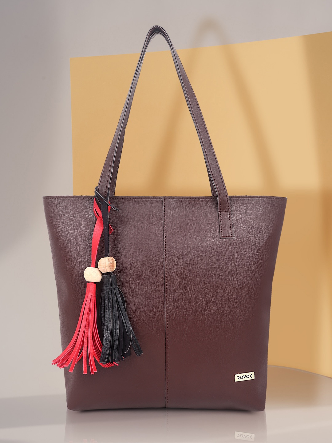

ROVOK Oversized Structured Shoulder Bag with Tasselled, Brown