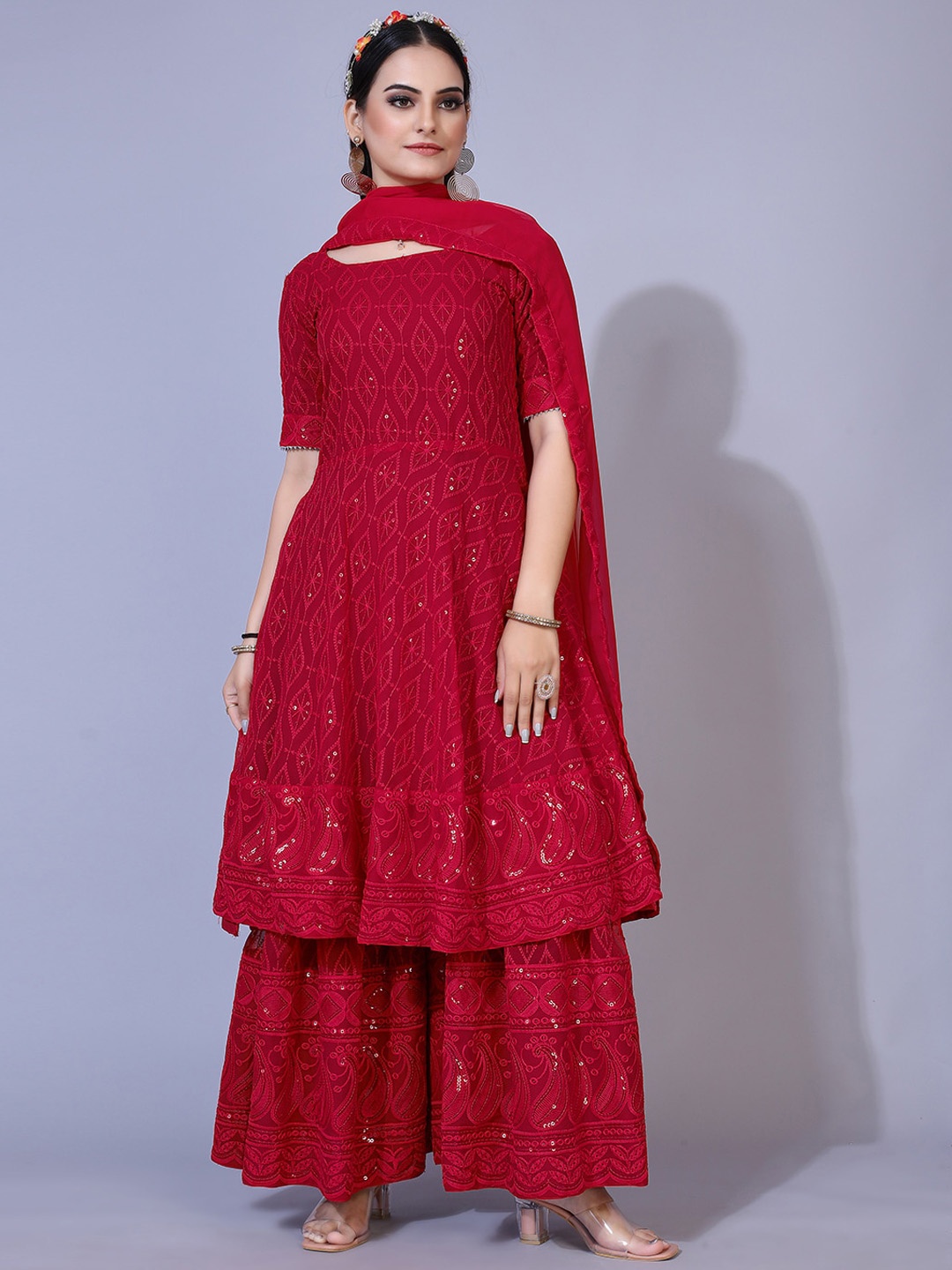 

PRENEA Paisley Embroidered Sequinned Kurta with Sharara & With Dupatta, Red