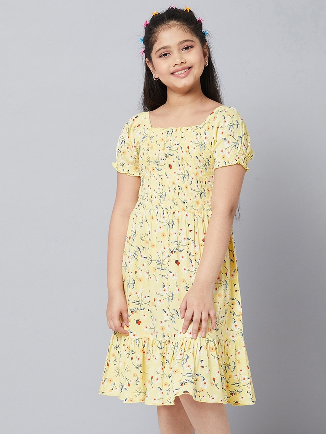 

Stylo Bug Yellow Girls Floral Printed Pure Cotton A-Line Dress