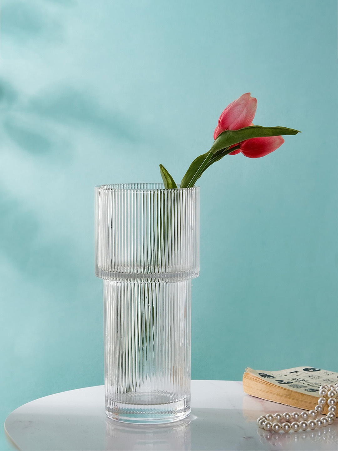 

Nestasia Contemporary Transparent Ribbed Textured Glass Flower Vase