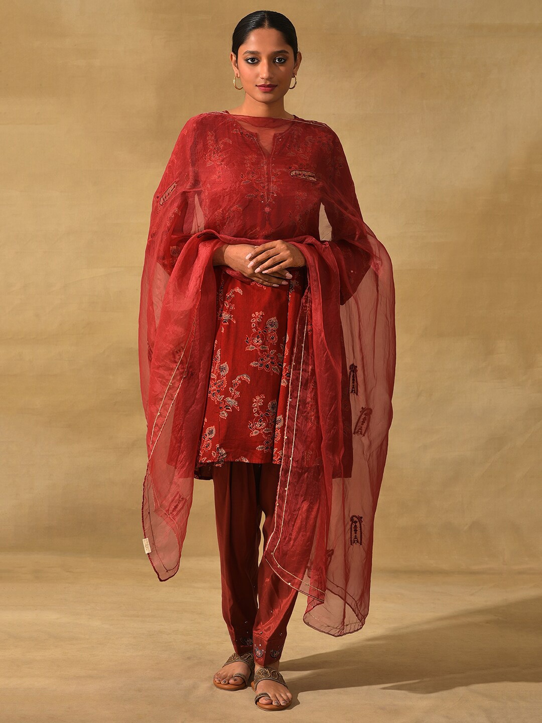 

W The Folksong Ethnic Motifs Embroidered Dupatta, Maroon