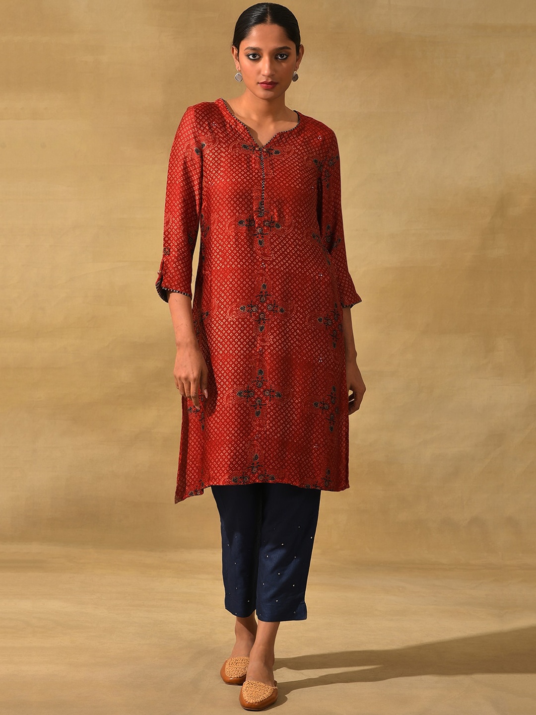 

W The Folksong Collection - Ethnic Motifs Printed Kurta, Red