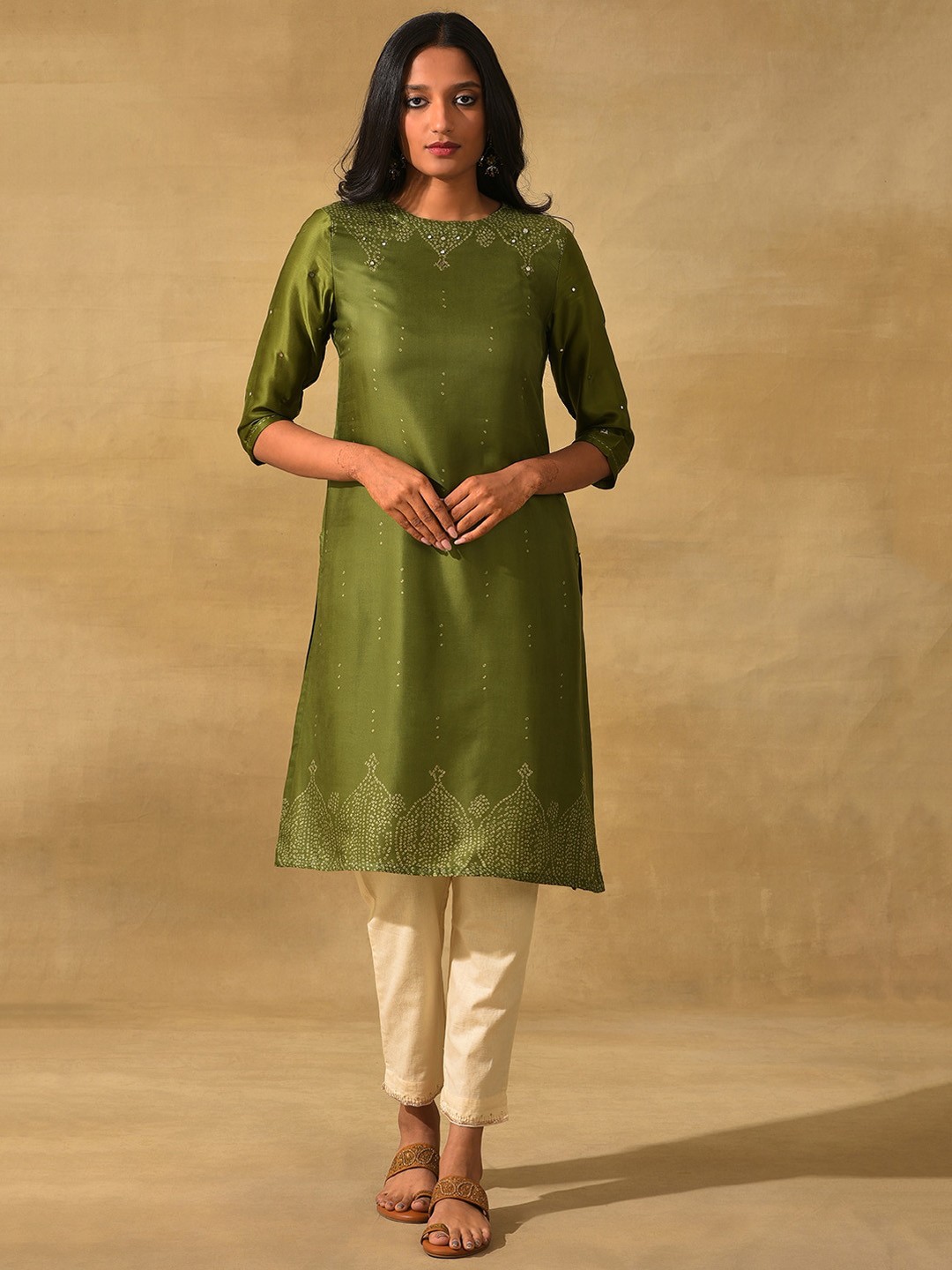 

W The Folksong Collection Bandhani Mirror Work Kurta, Green
