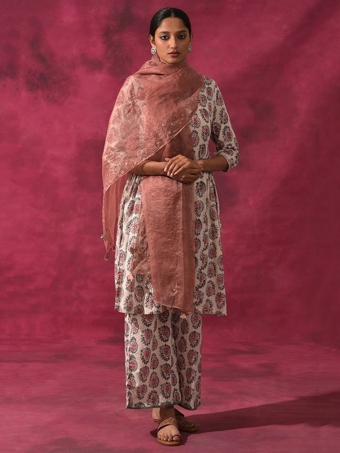 

W The Folksong Collection Ethnic Motifs Embroidered Dupatta with Thread Work, Peach