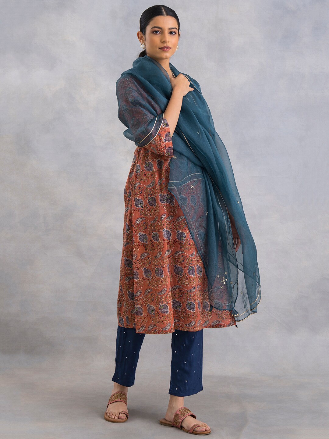 

W The Folksong Collection - Embroidered Dupatta with Sequinned, Teal