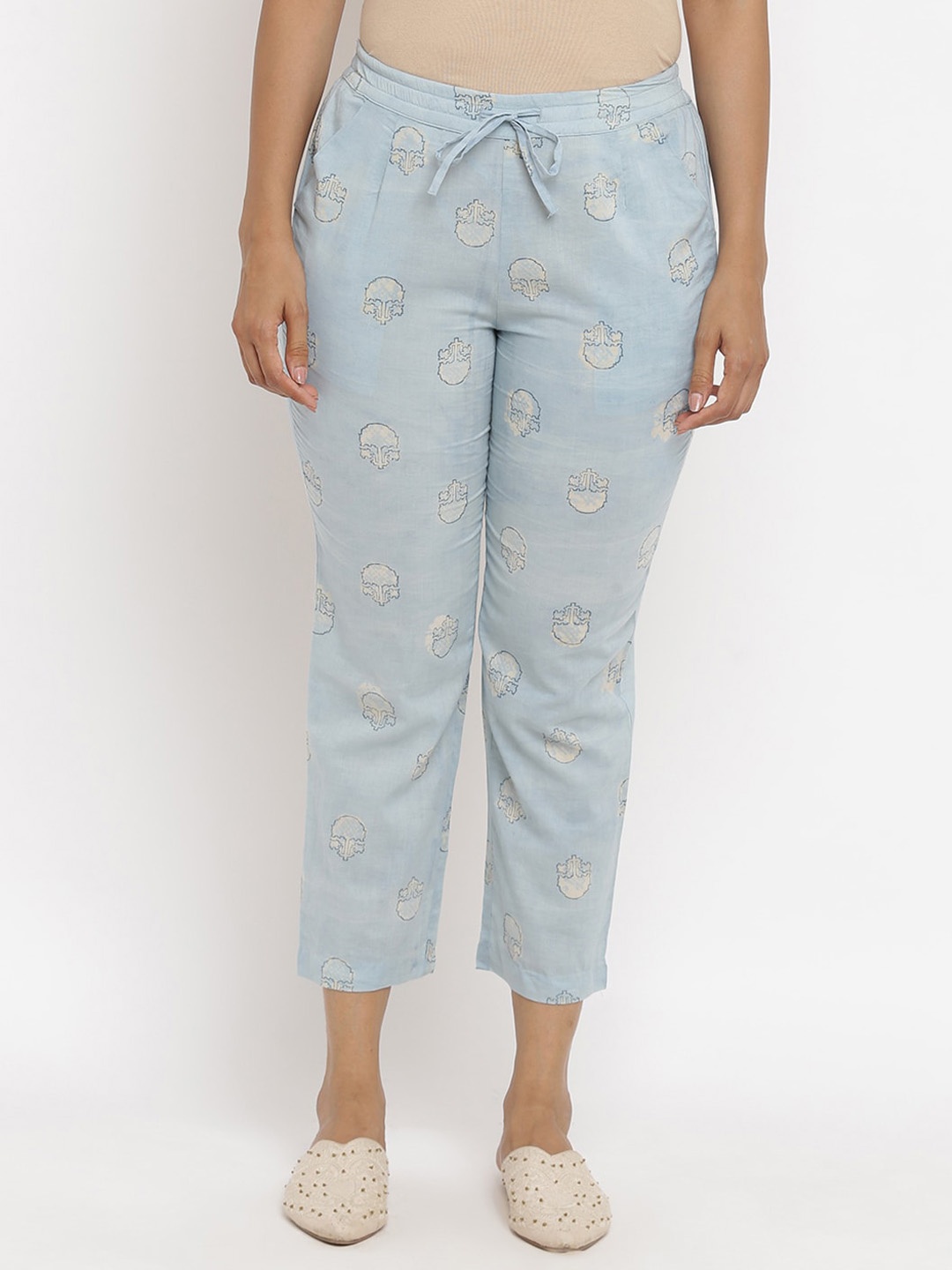 

W The Folksong Collection Women Printed Cotton Cropped Trousers, Blue
