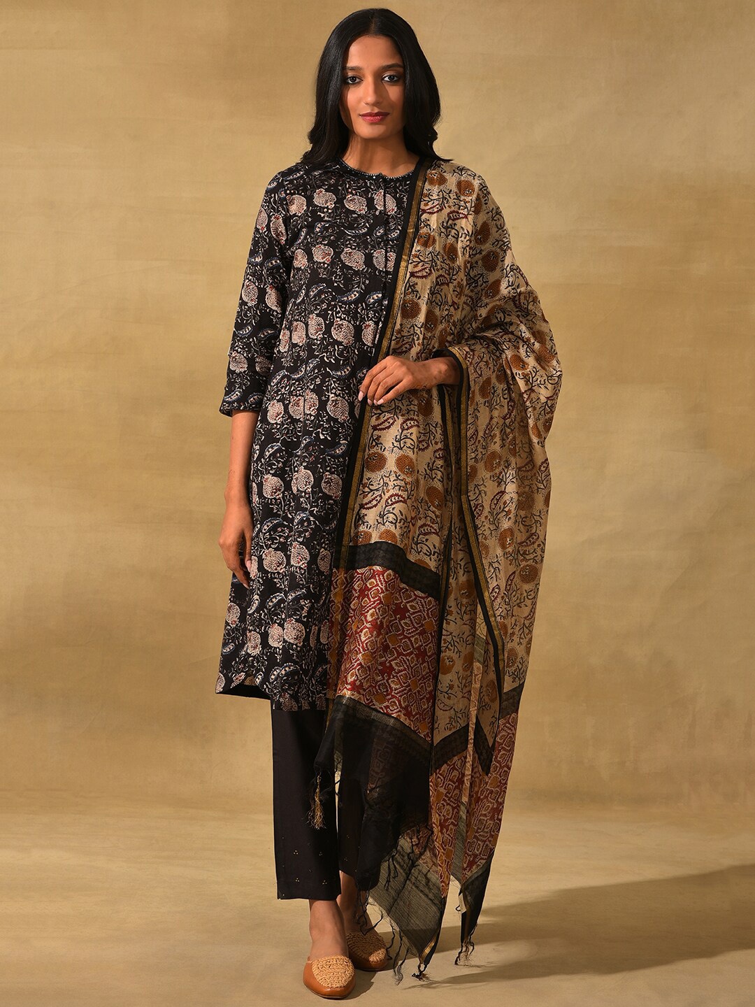 

W The Folksong Collection Ethnic Motifs Printed Dupatta, Beige