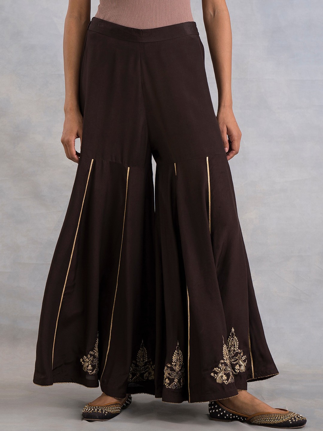 

W The Folksong Collection - Women Floral Embroidered Sharara, Brown
