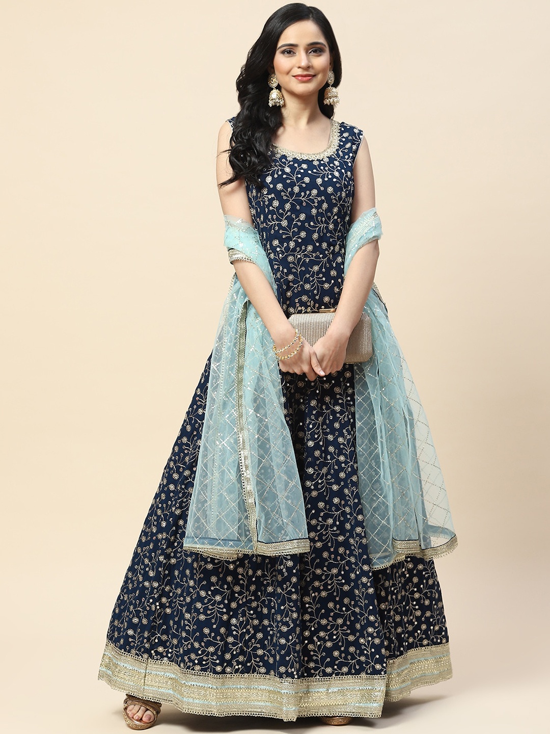 

Meena Bazaar Women Embroidered Georgette Anarkali Kurta With Dupatta, Navy blue