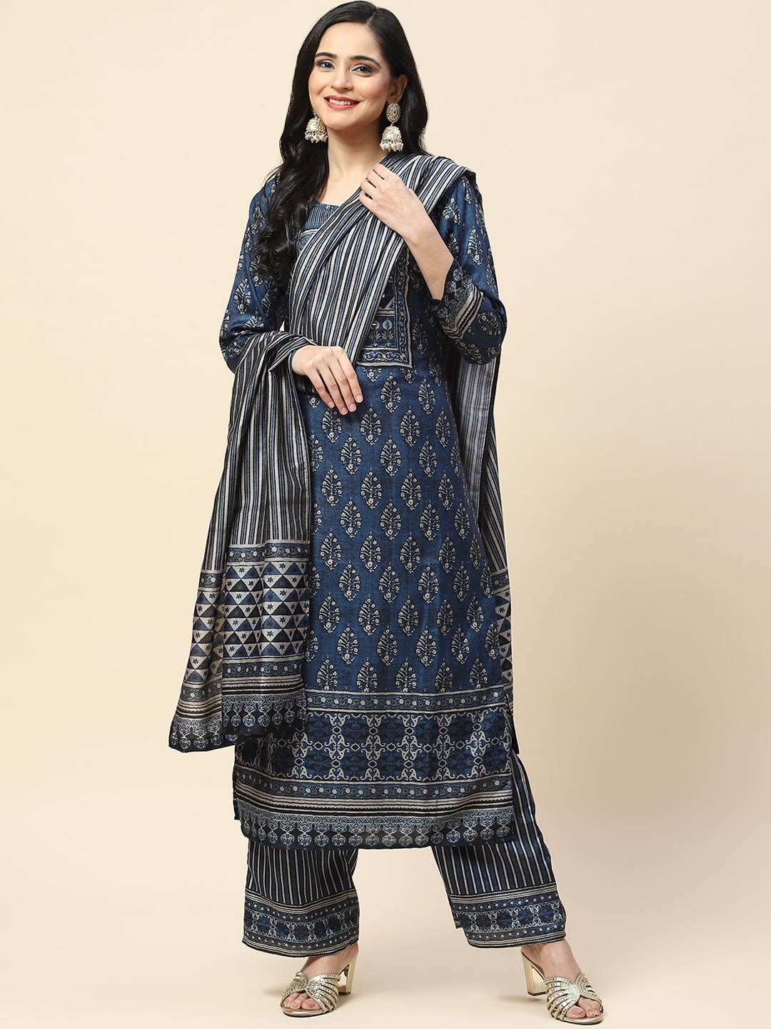 

Meena Bazaar Printed Round Neck Kurta with Palazzos & Dupatta, Blue
